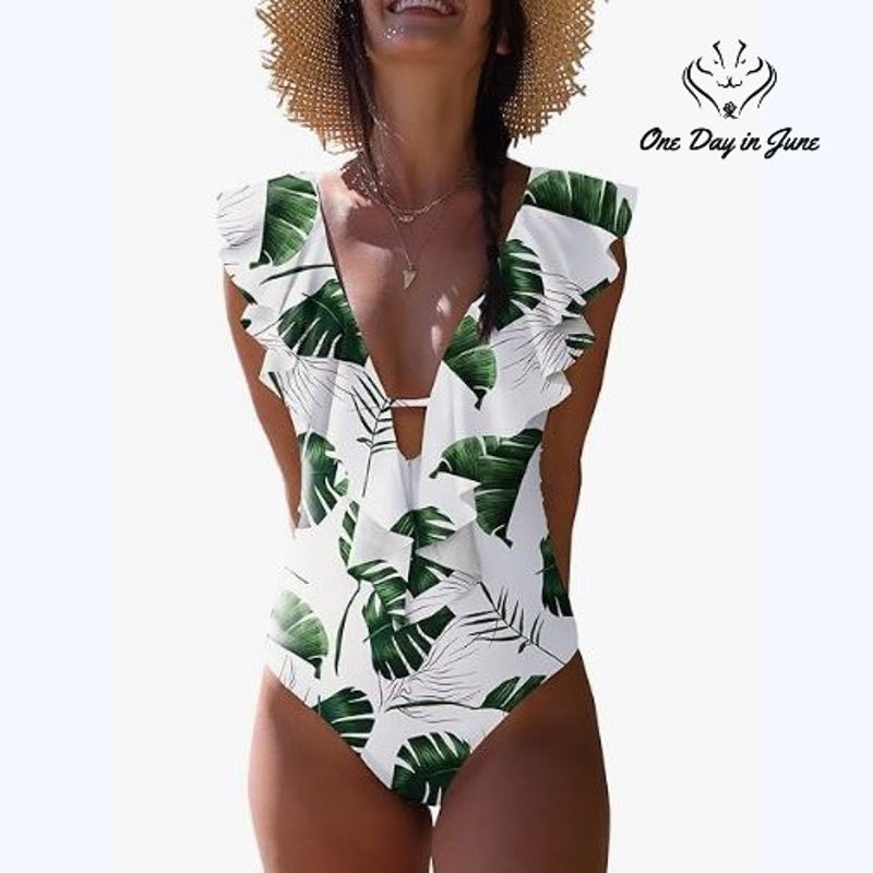Sporlike Ruffle V Neck One Piece Swimsuit Green Tropical Leaf NWT Size L
