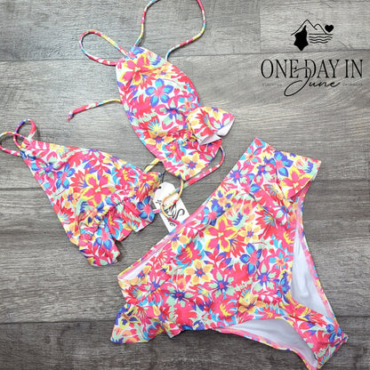 Sporlike Womens Floral Ruffle Triangle High Waist Bikini Swimsuit NWT Size S