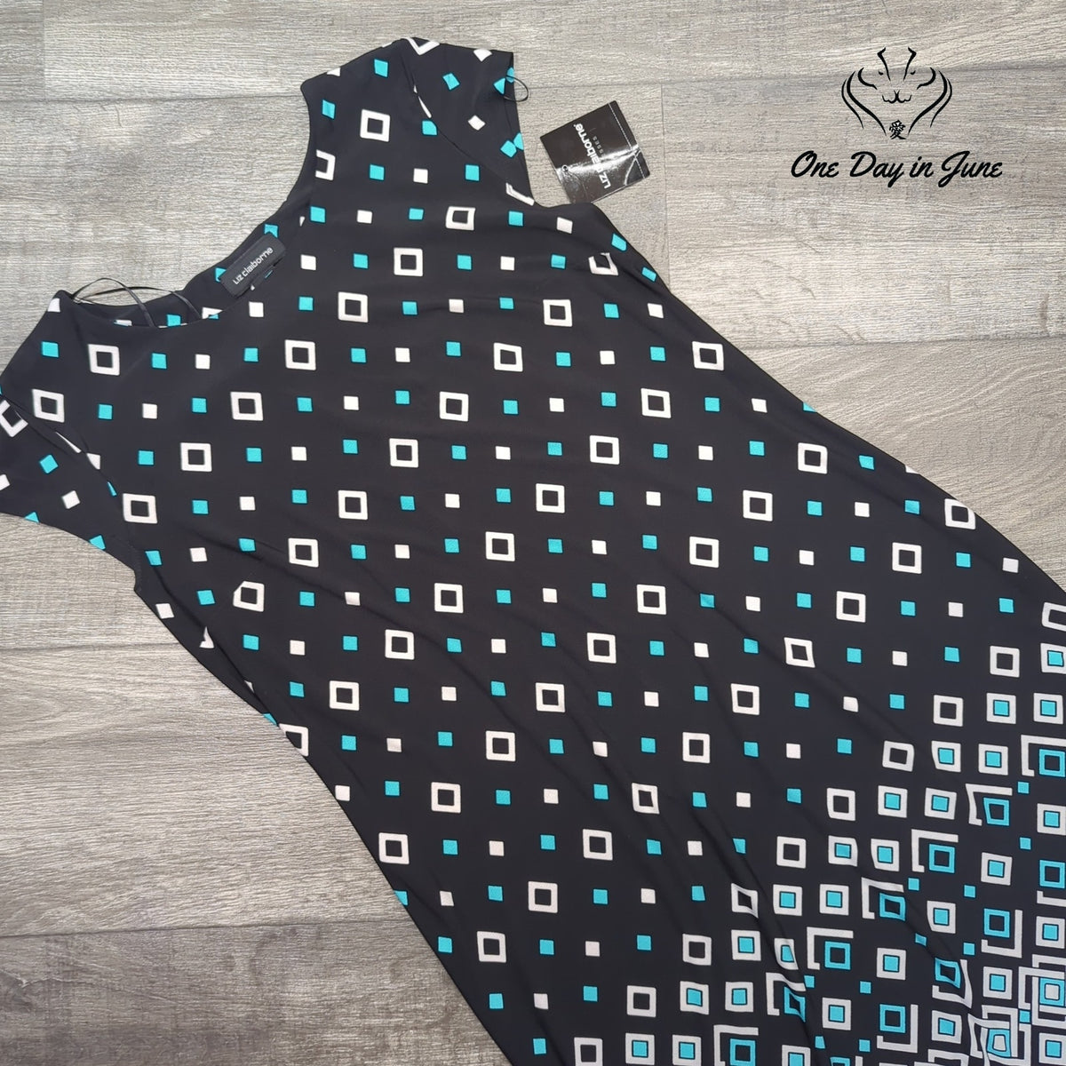 Liz Claiborne Sleeveless Geometric Mini Dress Black Turquoise NWT Size L
