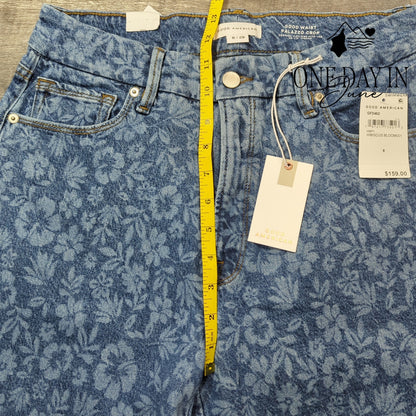 Good American Good Waist Palazzo Crop Jeans Floral Hibiscus Bloom NWT Size 8