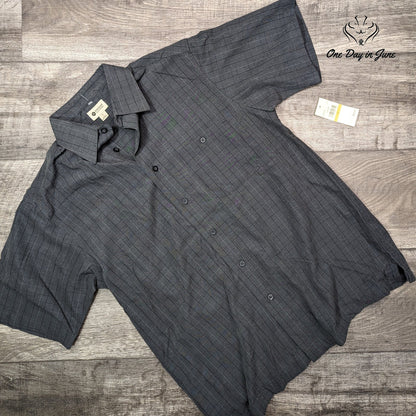 Haggar Men's Short Sleeve Button Front Shirt Gray Windowpane Plaid NWT Size S