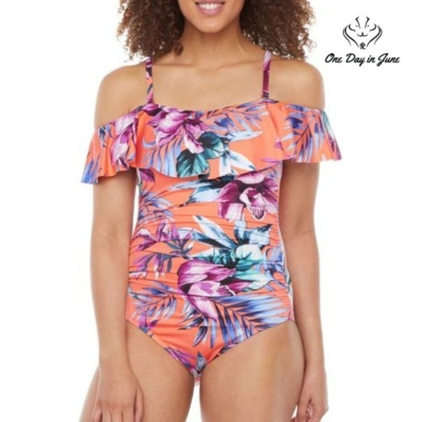 Liz Claiborne Swimsuit Coral Floral Ruffle Cold Shoulder One Piece Size 6