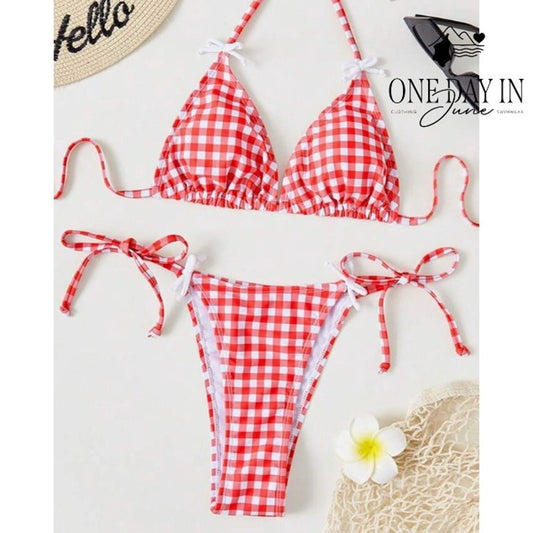 CharmLeaks Gingham Triangle Bikini Swimsuit Pink White Tie Side Size S