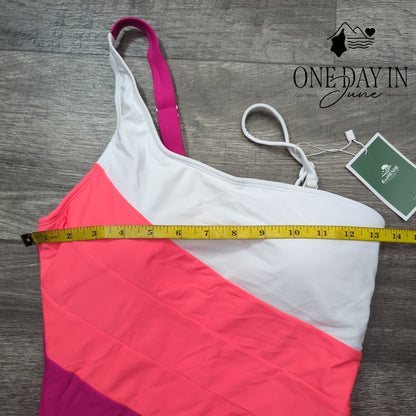 Eomenie One Shoulder One Piece Swimsuit Pink Ombre Colorblock NWT Size M