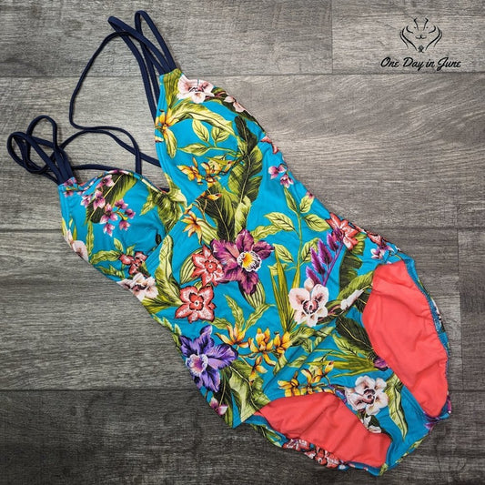 Coastal Blue Strappy Back Floral One Piece Swimsuit Size S