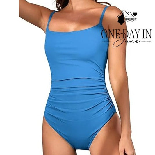Eomenie Tummy Control One Piece Swimsuit Blue Ruched Square Neck NWT Size M