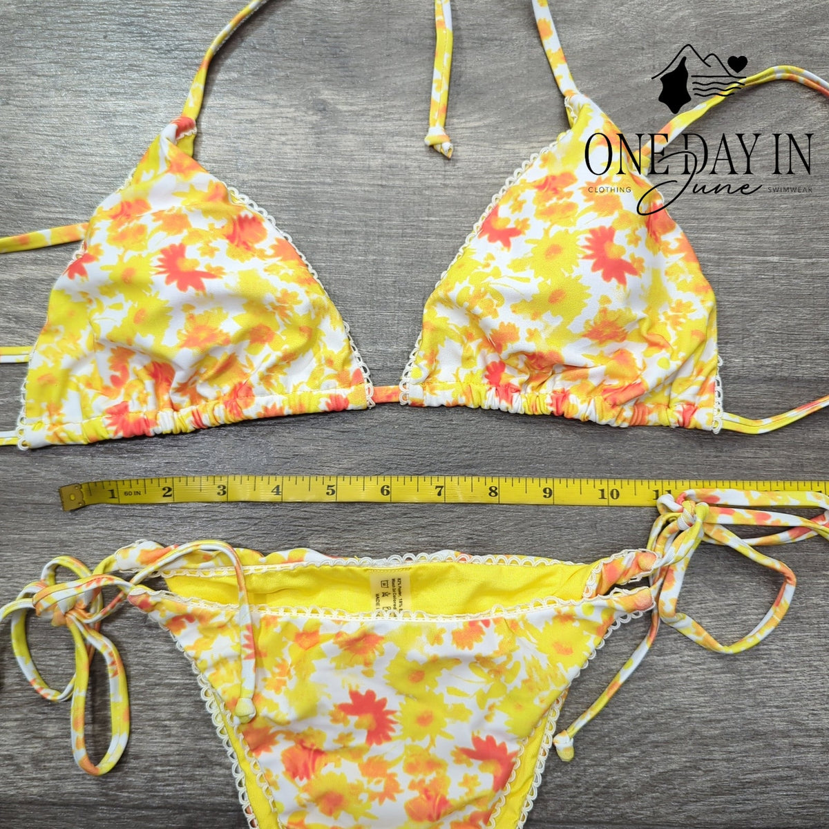 Aleumdr Floral Triangle Bikini Set Yellow Orange Halter Tie Side Swimsuit Size S