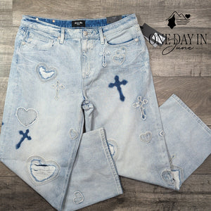 Miss Me Aryanna Heart Cross Slim Wide Leg Jeans Light Wash NWT Size 16 (33X30)