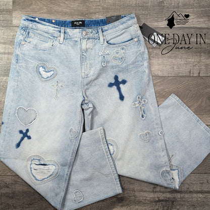 Miss Me Aryanna Heart Cross Slim Wide Leg Jeans Light Wash NWT Size 16 (33X30)