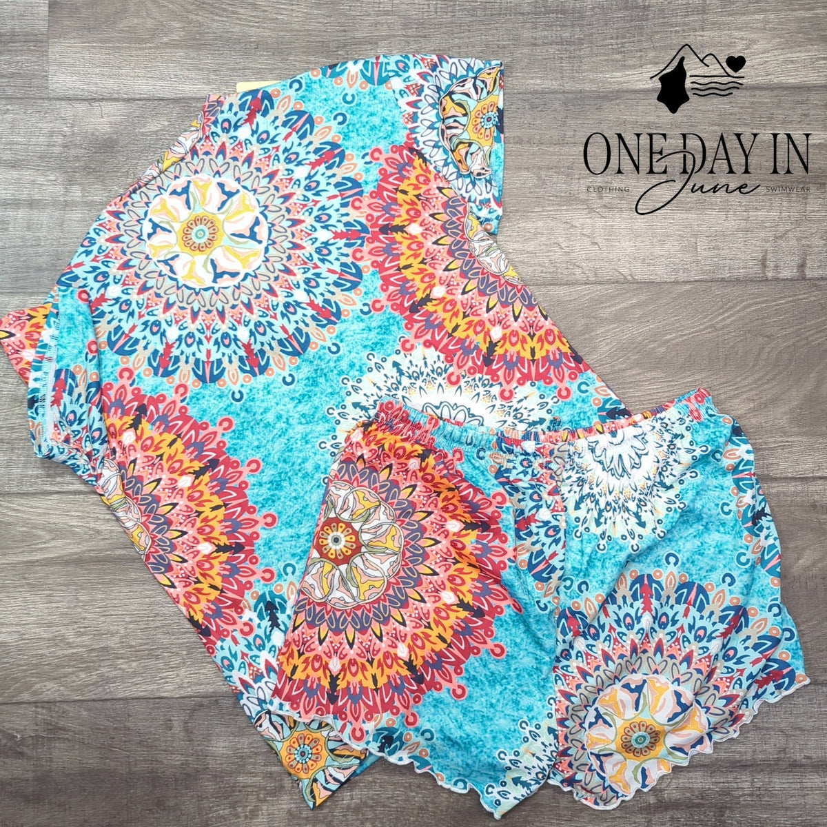 Ekouaer Mandala Print Pajama Shorts Set Size S Blue Boho V Neck NWT Size S