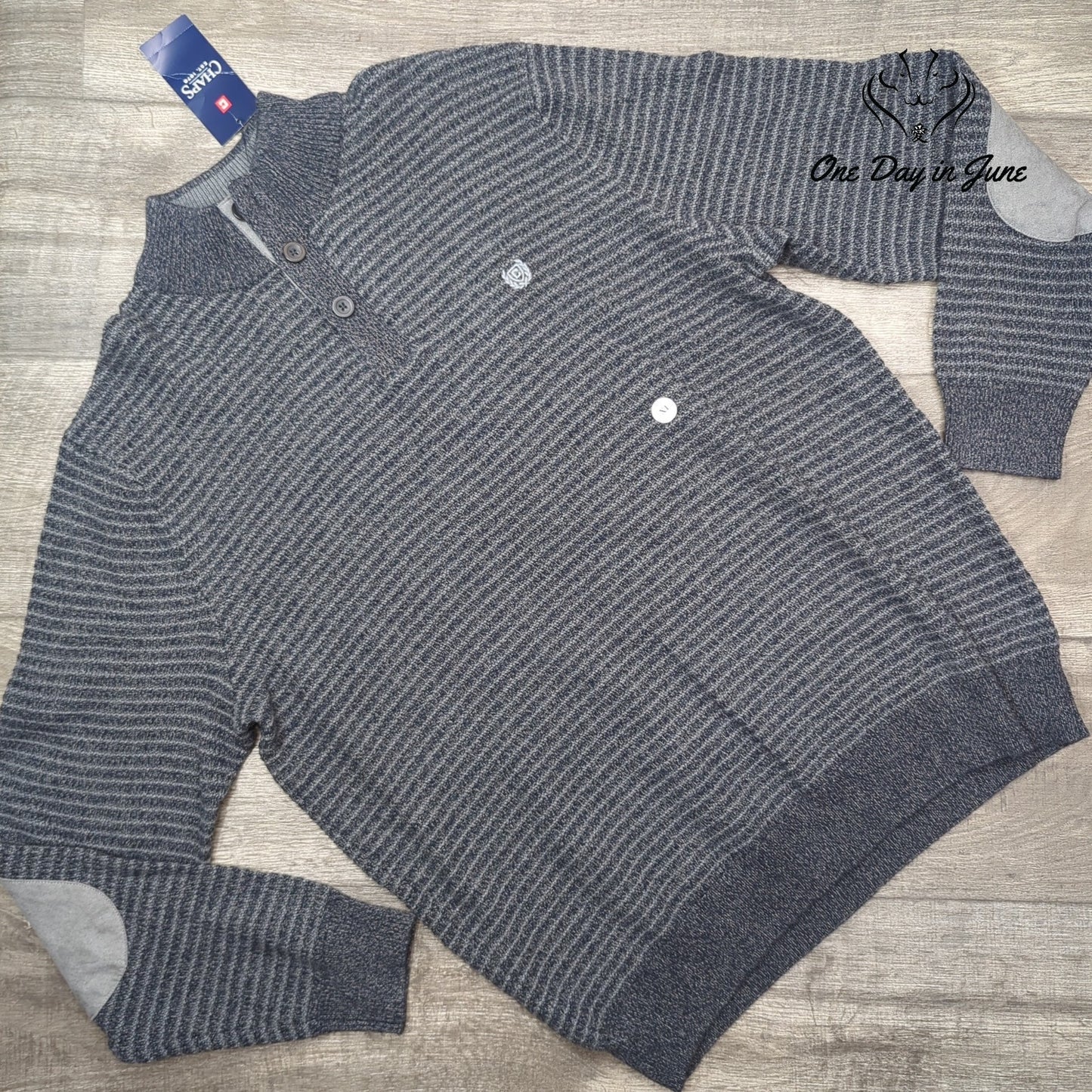 Chaps Button Mock Neck Stripe Sweater Charcoal Gray Elbow Patch NWT $70 Size XL