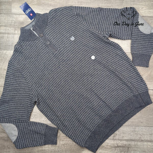 Chaps Button Mock Neck Stripe Sweater Charcoal Gray Elbow Patch NWT $70 Size XL
