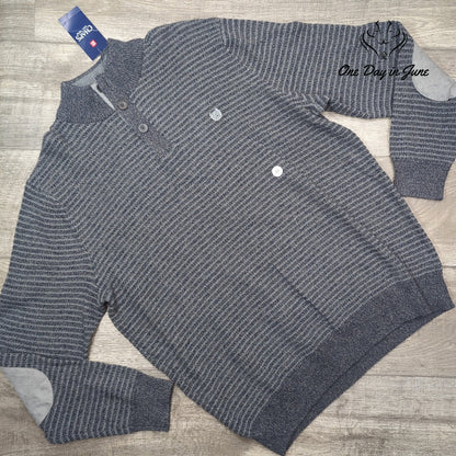 Chaps Button Mock Neck Stripe Sweater Charcoal Gray Elbow Patch NWT $70 Size XL