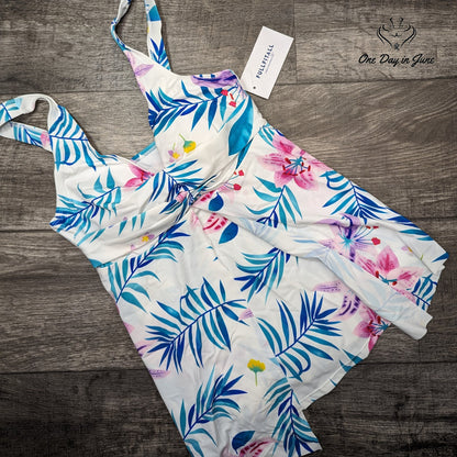 Fullfitall V Neck Twist Front Tankini Swim Top White Tropical Floral NWT Size 12