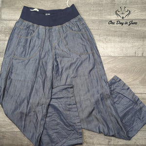 Atron Bleu Pants Blue Chambray Wide Leg Pull On Elastic Waist Size XS