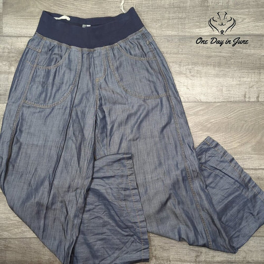 Atron Bleu Pants Blue Chambray Wide Leg Pull On Elastic Waist Size XS