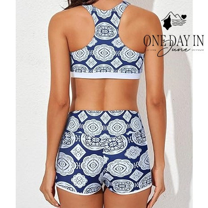 Aleumdr 3 Piece Tankini Swimsuit Navy Blue Print Boyshorts NWT Size XL