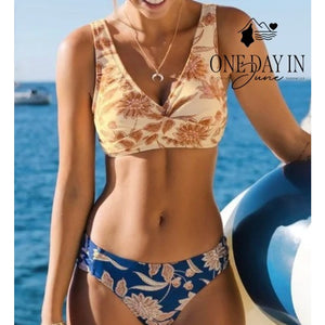 Cupshe Cross Front Bikini Swimsuit Floral Cream Navy Blue Two Piece NWT Size XL