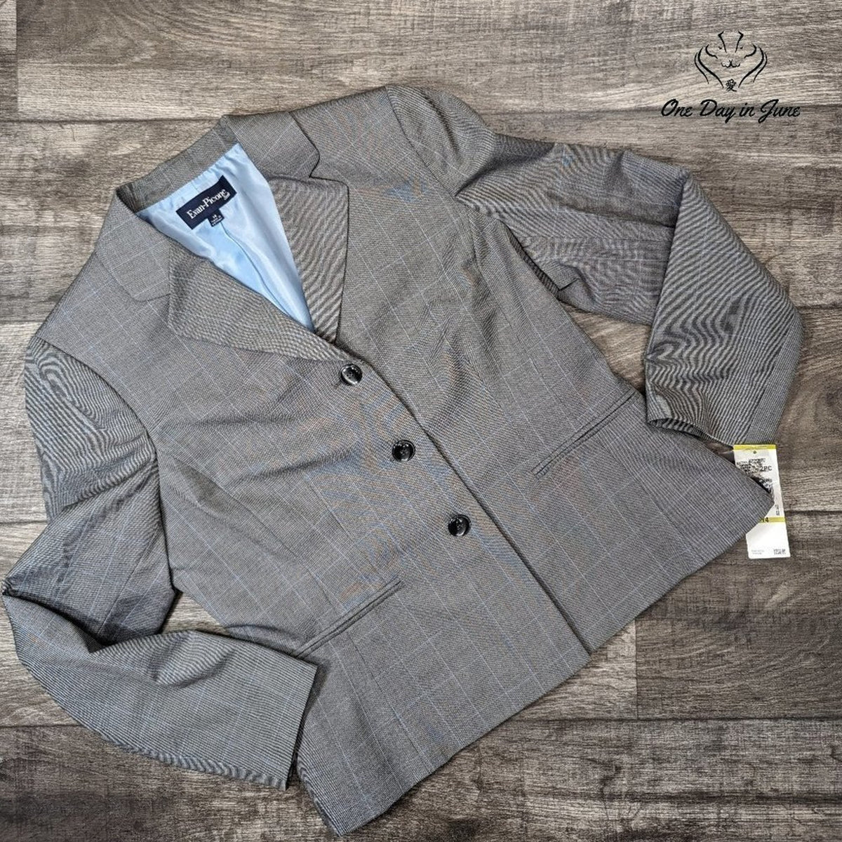 Evan Picone Plaid 3 Button Suit Jacket Blazer Gray Blue NWT Size 14