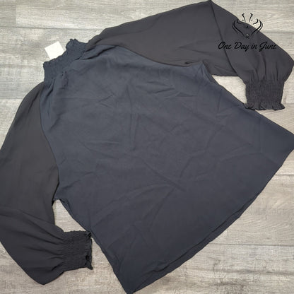 Emery Rose Sheer Blouse Black Smocked Neck Long Sleeve NWT Size 1XL