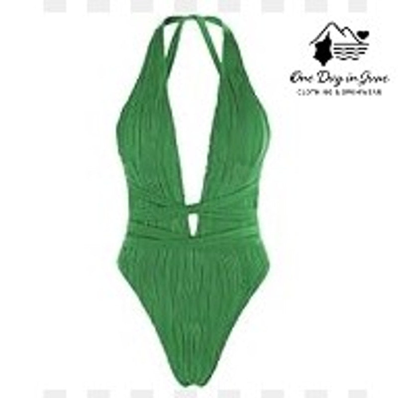 Zaful Textured Deep V Wrap Tie One Piece Swimsuit Size M