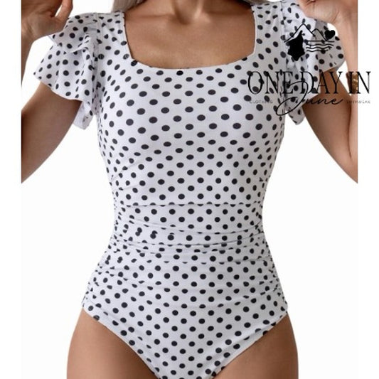 Eomenie Ruffle Shoulder Polka Dot One Piece Swimsuit Size S