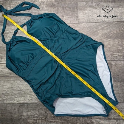 Charmo V Neck Cut Out Tummy Control One Piece Swimsuit Green Size 2XL