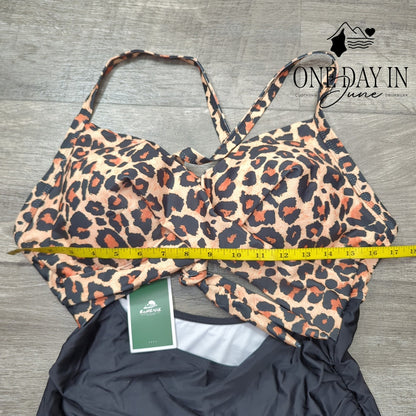 Eomenie Leopard Print Cross Front Cut Tie Back One Piece Swimsuit NWT Size XL