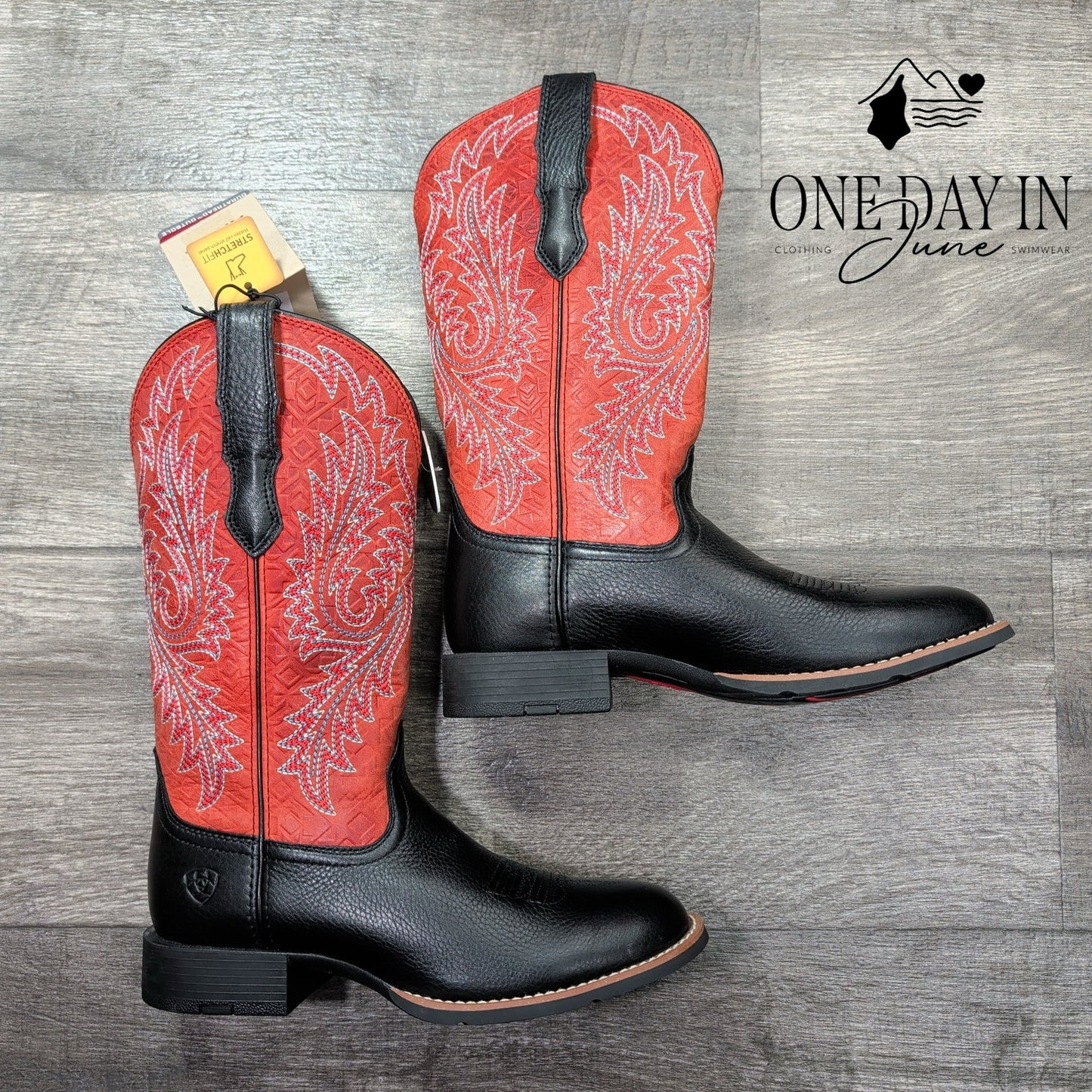 Ariat Round Up W Toe StretchFit Cowboy Boots Black Red NWT Size 7