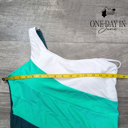 Eomenie One Shoulder One Piece Swimsuit Green White Colorblock NWT Size XL