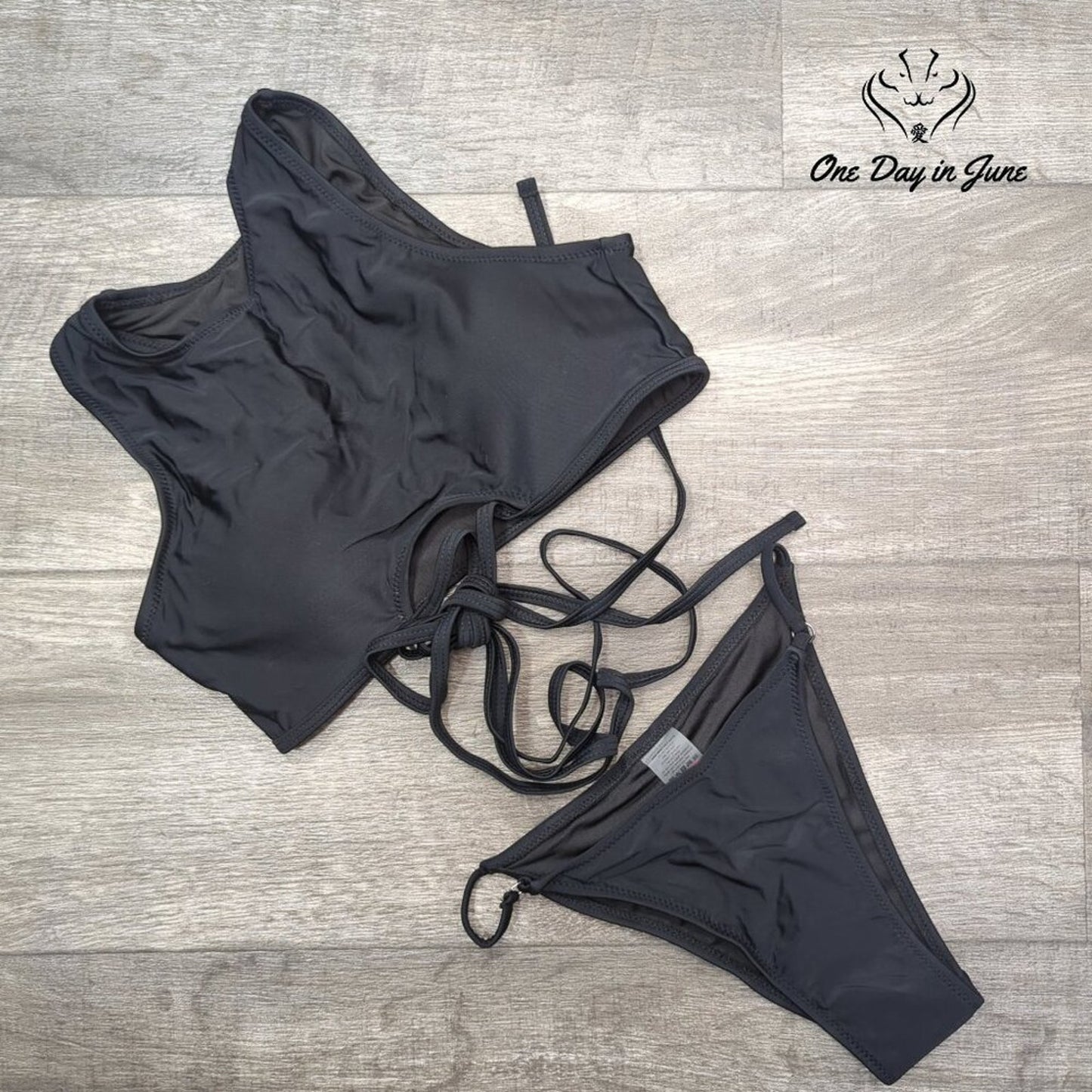 ODIJ Bikini Set Size S Black Padded Crop Top Keyhole Tie Wrap Size S