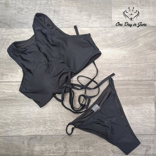 ODIJ Bikini Set Size S Black Padded Crop Top Keyhole Tie Wrap Size S