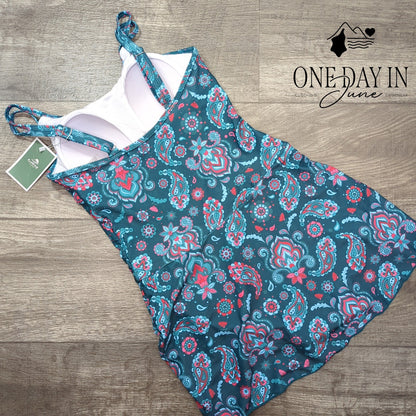 Eomenie Paisley Swimdress One Piece Swimsuit Teal Pink NWT Size S