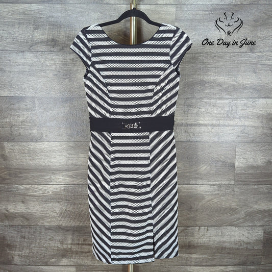 White House Black Market Striped Sheath Dress Black White Buckle Size 2