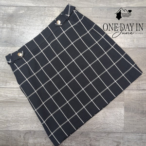 Loft Windowpane Plaid Mini Skirt Black White Gold Buttons Size 8