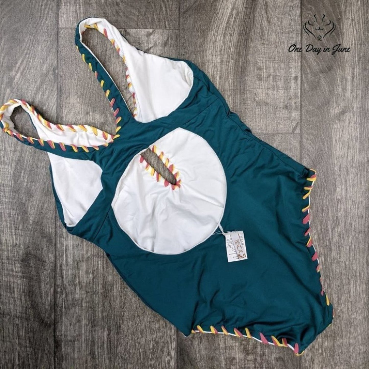 Becca Camille Reversible One Piece Swimsuit Teal White Whipstitch NWT Size S