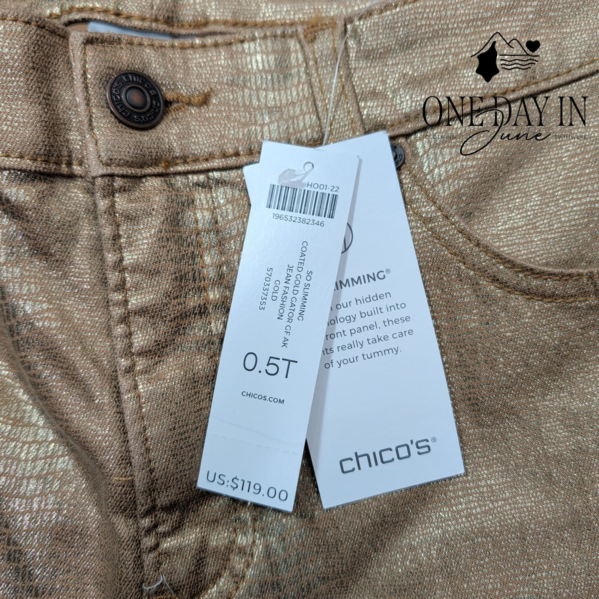 Chico's So Slimming Girlfriend Coated Gator Jeans Gold NWT Size Chico's 6T