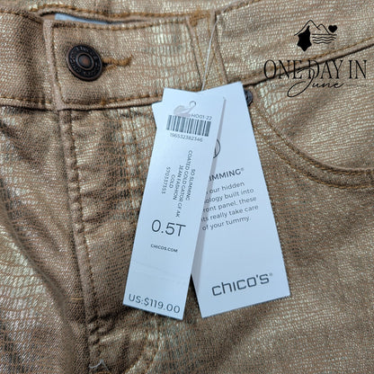 Chico's So Slimming Girlfriend Coated Gator Jeans Gold NWT Size Chico's 6T