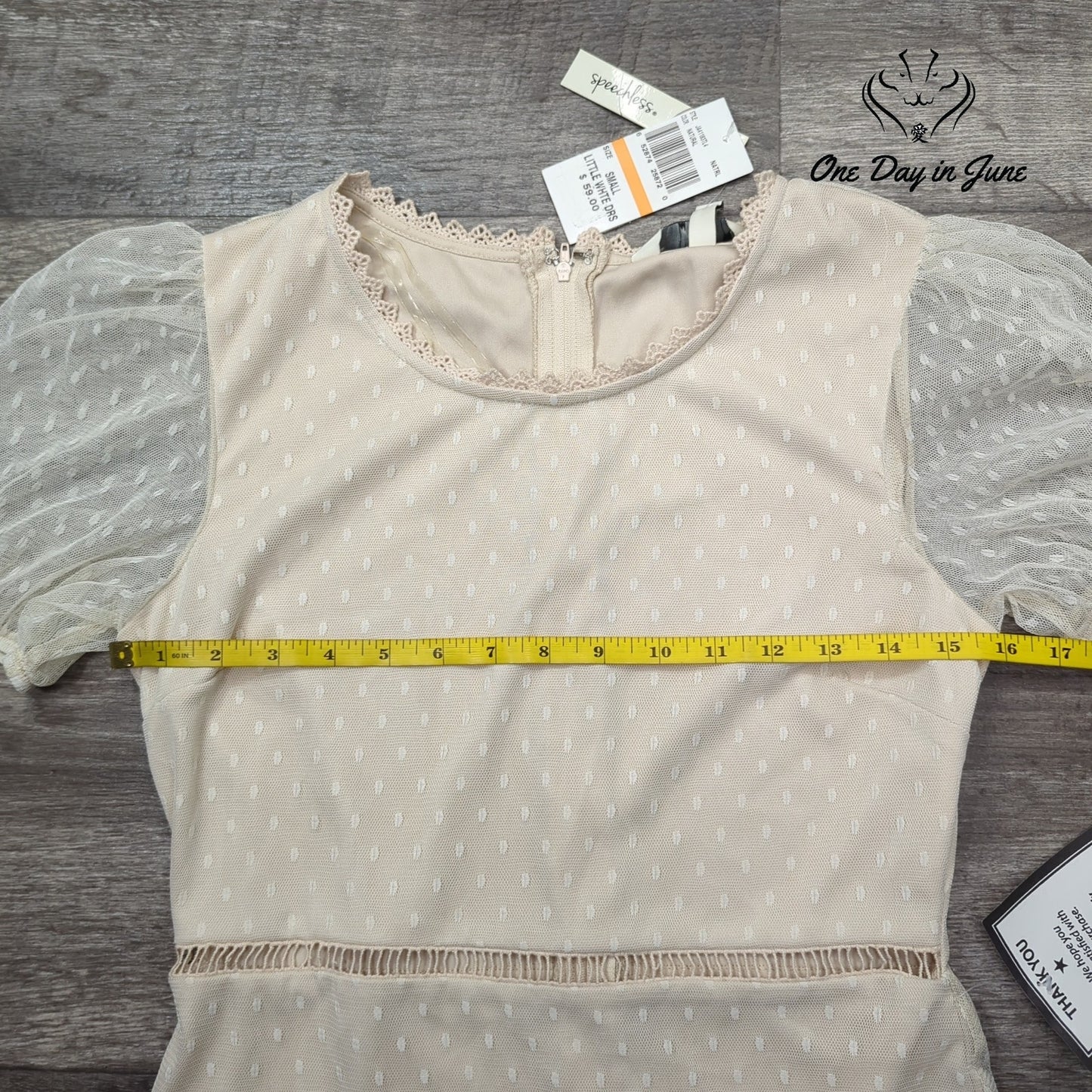 Speechless Swiss Dot Mesh Mini Dress Natural Puff Sleeve Lace Trim NWT Size S