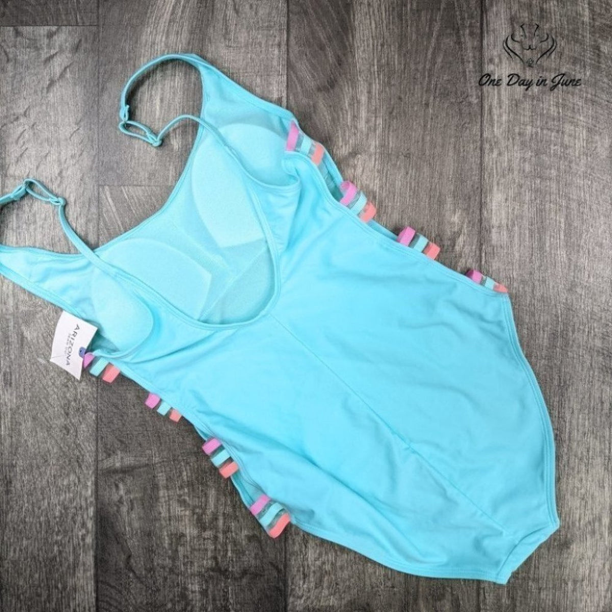 Arizona Jean Co. Juniors One Piece Swimsuit Aqua Blue Strappy Cutout NWT Size M