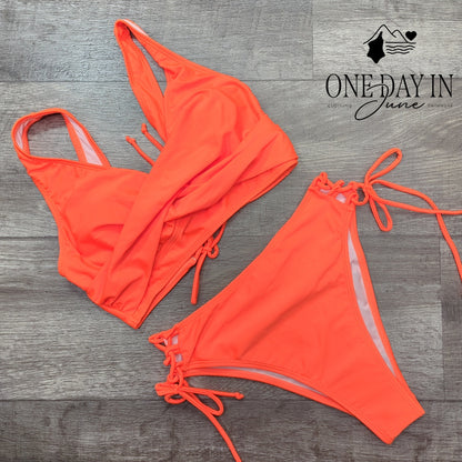 CharmLeaks Twist Front Bikini Swimsuit Neon Orange Tie Side 2 Piece Size S