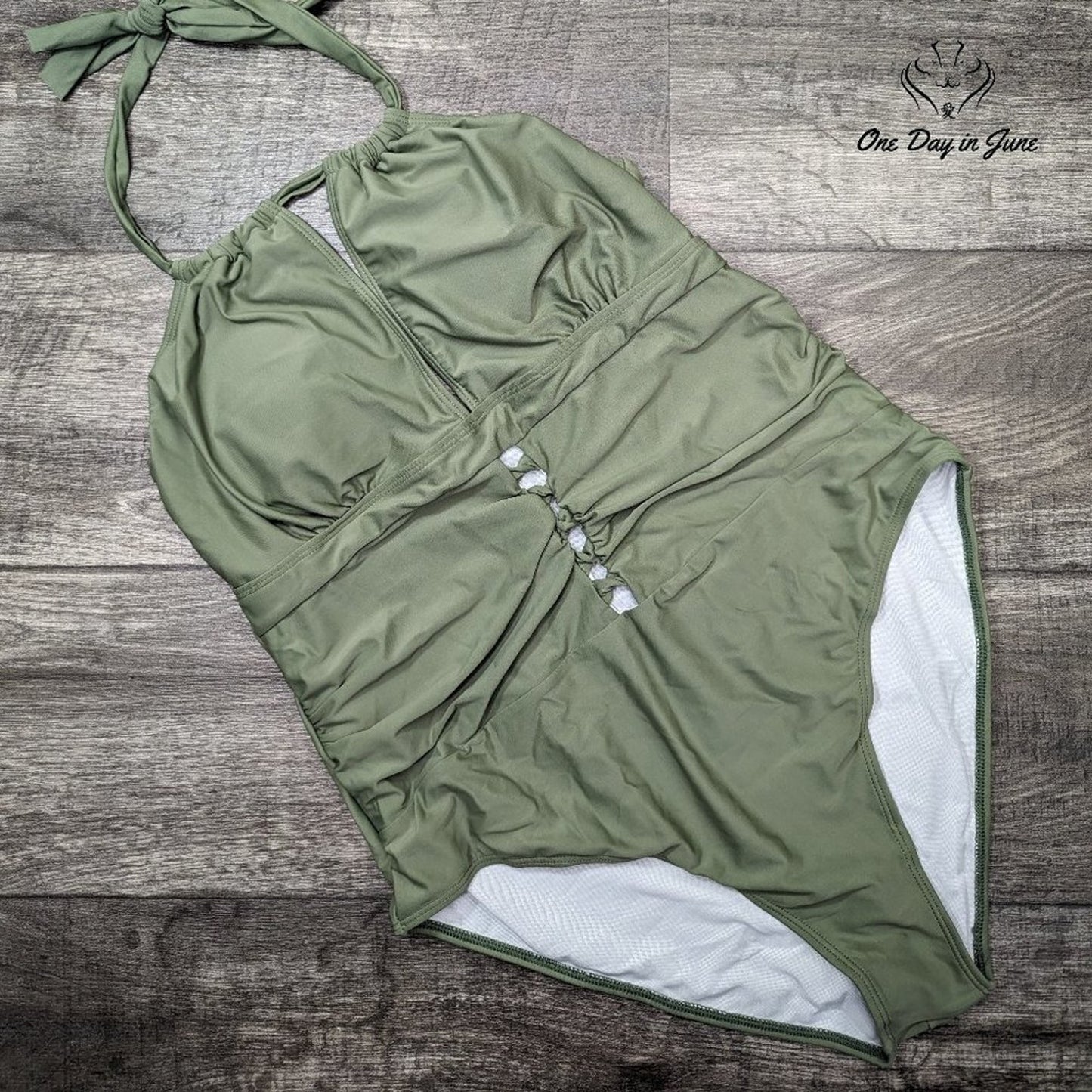 Charmo Piece Swimsuit Olive Green Halter V Neck Ruched Cutout Size 3XL
