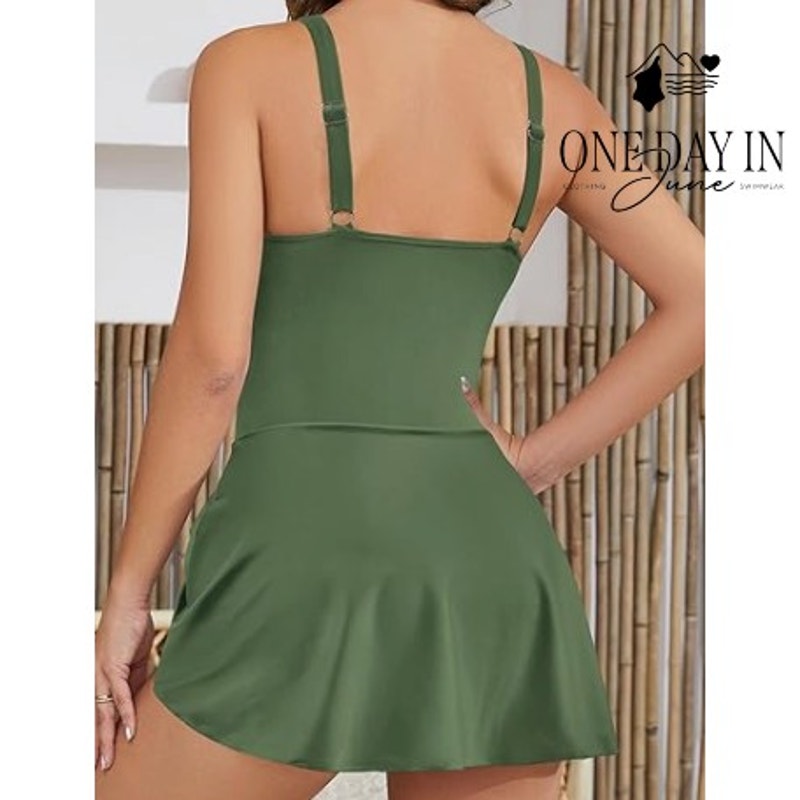 Shekini Scoop Neck Tie Side Swimdress One Piece Swimsuit Olive Green NWT Size M