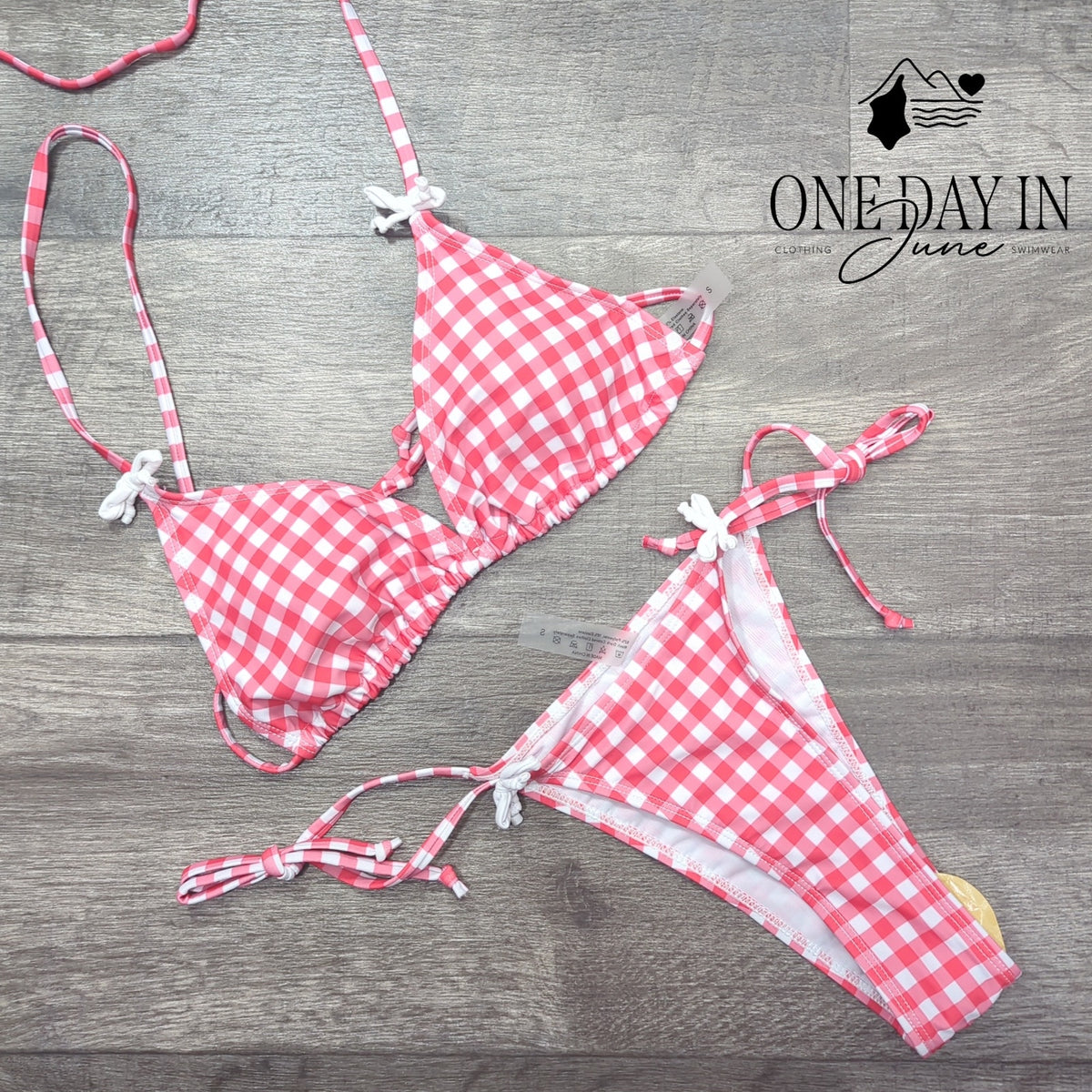 CharmLeaks Gingham Triangle Bikini Swimsuit Pink White Tie Side Size S
