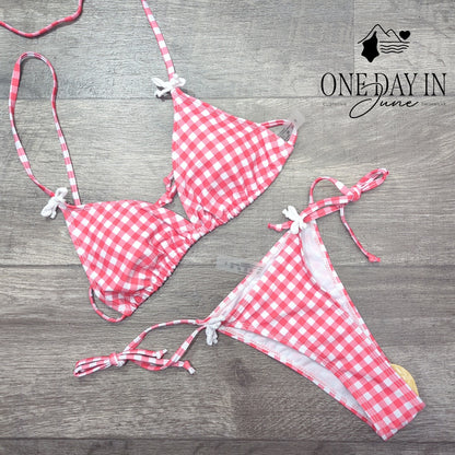 CharmLeaks Gingham Triangle Bikini Swimsuit Pink White Tie Side Size S