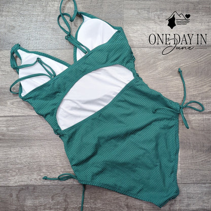 Aleumdr Ribbed Tummy Control One Piece Swimsuit Teal Ruched Cutout Back Size M