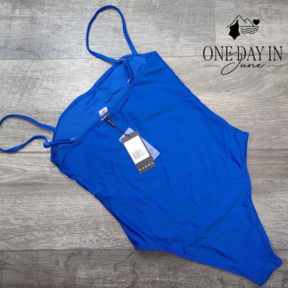 Relleciga Cheeky High Cut One Piece Swimsuit Royal Blue NWT Size S