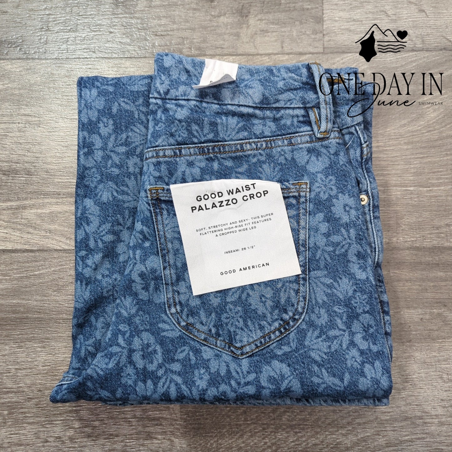 Good American Good Waist Palazzo Crop Jeans Floral Hibiscus Bloom NWT Size 8