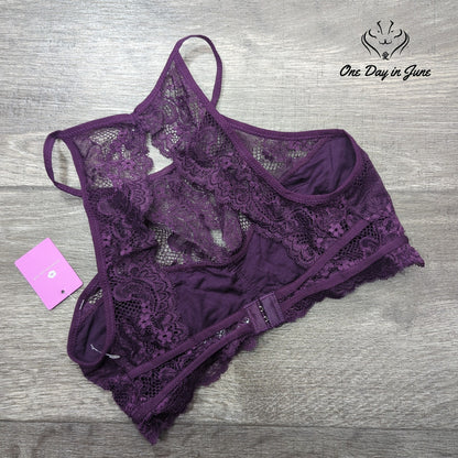Anemone Lace Halter Bralette Deep Purple Scalloped Wireless NWT Size S/M