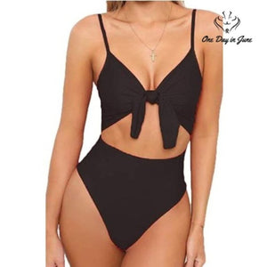 Qearal Strappy Tie Knot One Piece Swimsuit Black Cutout Monokini Size L